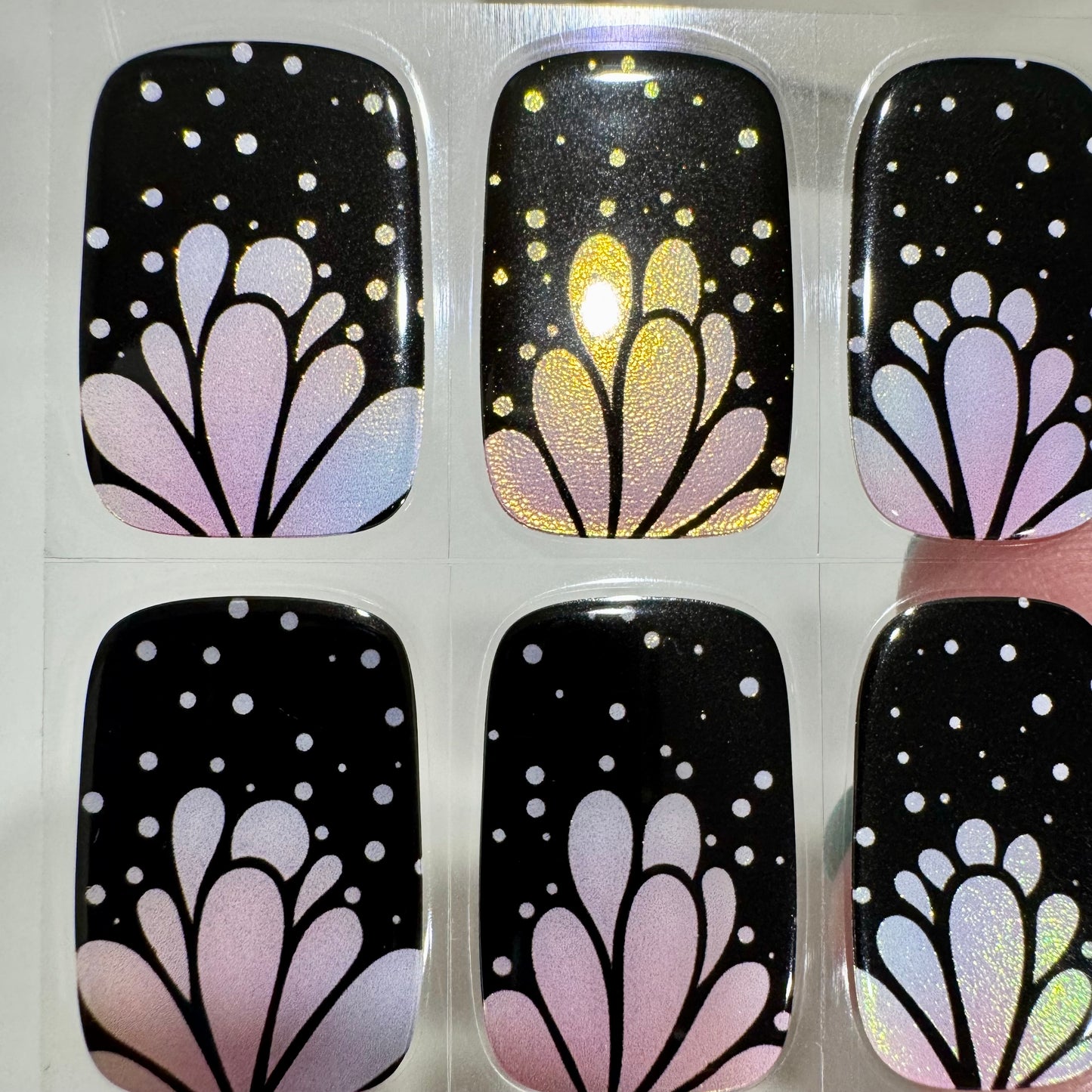 Semicured gel nails in black and pink 'flapper' design
